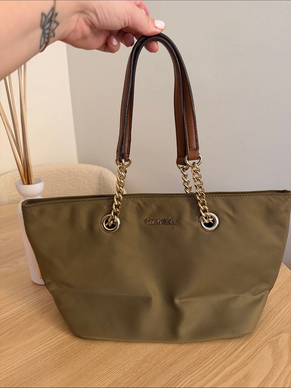 Calvin Klein Florence Olive Tote with Gold Chain Handles